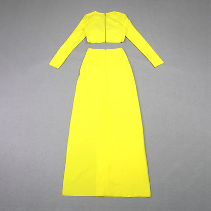 Long Sleeve Star Detail Two Piece Maxi Dress Yellow  HV9902