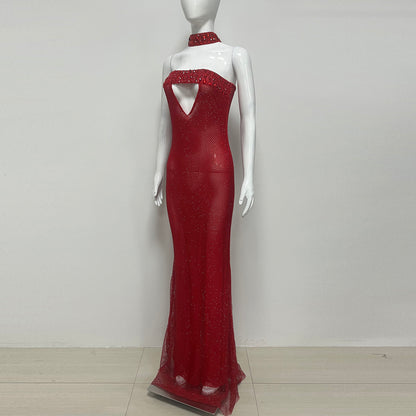 Strapless Choker Embellished Maxi Dress Red HV2815