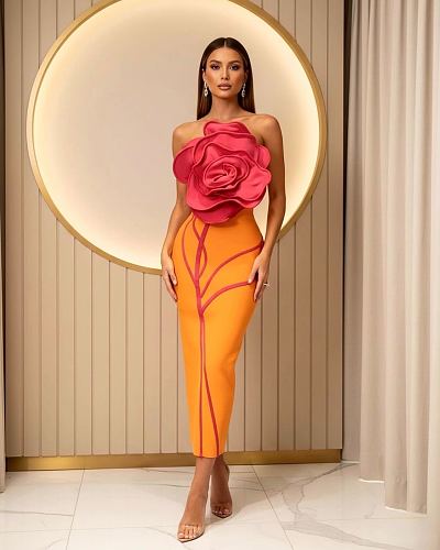 Strapless Floral Detail Maxi Dress Hot Pink Orange HV3045