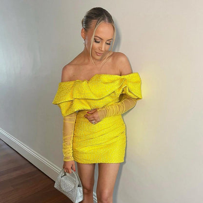 Long Sleeve Draped Off Shoulder Sparkly Dress Yellow HV9878