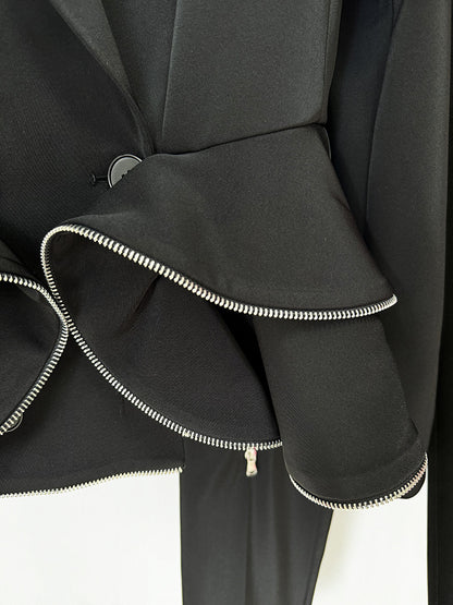 Long Sleeve Zipper Detail Peplum Suit Black HV1536