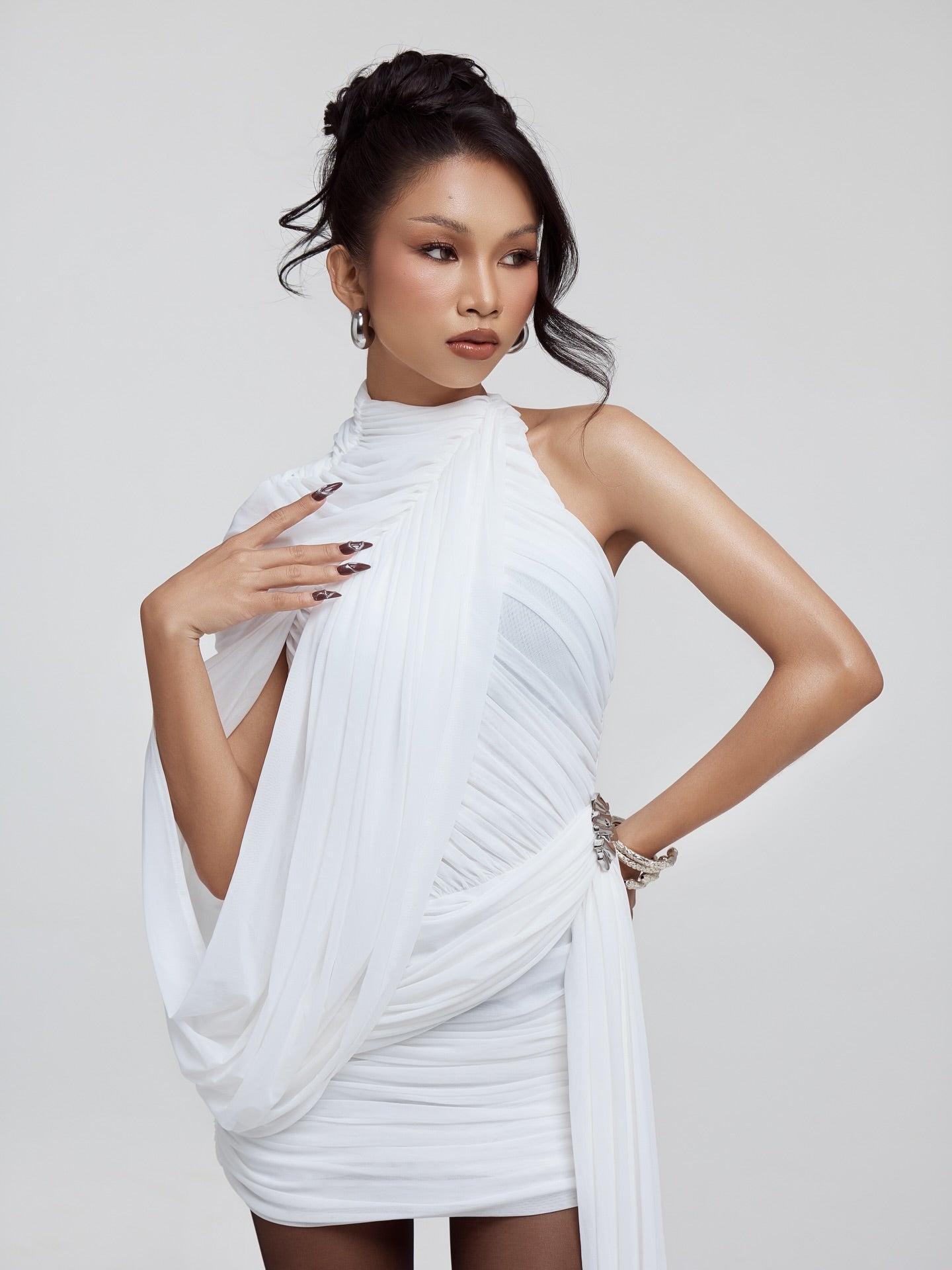 One Shoulder Draped Dress White HV0077