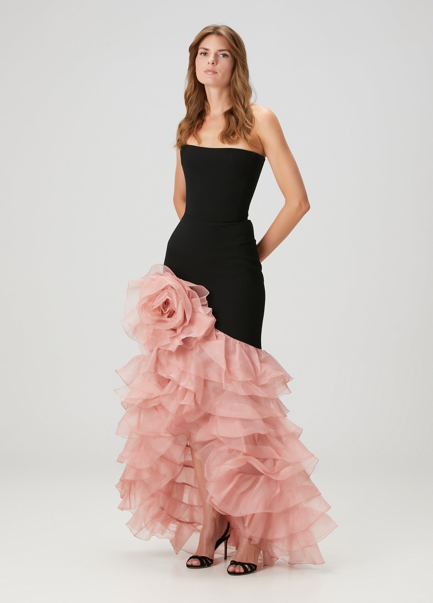 Strapless Floral Ruffle Maxi Dress Black Pink HV2811