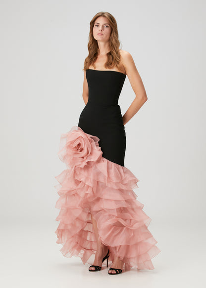 Strapless Floral Ruffle Maxi Dress Black Pink HV2811