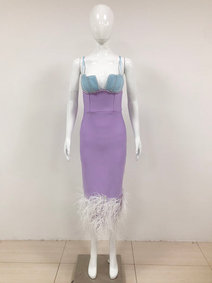 Pearl Bustier Feather Detail Midi Dress Purple HV1800