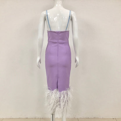 Pearl Bustier Feather Detail Midi Dress Purple HV1800