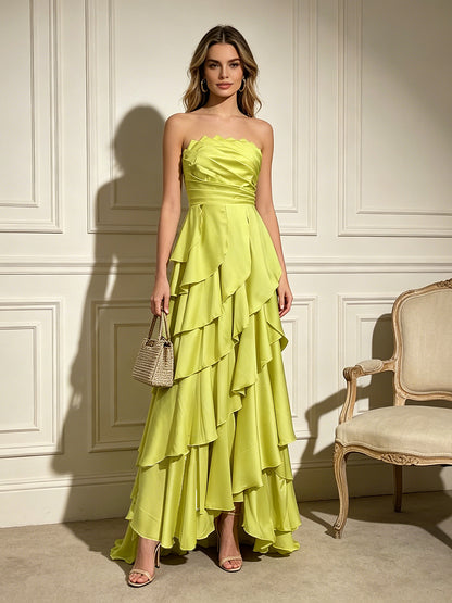 Strapless Ruffle Maxi Dress Lime Green HV3120