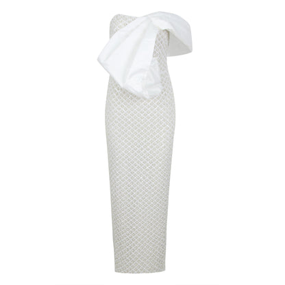 Draped Bardot Pearl Maxi Dress White HV1133