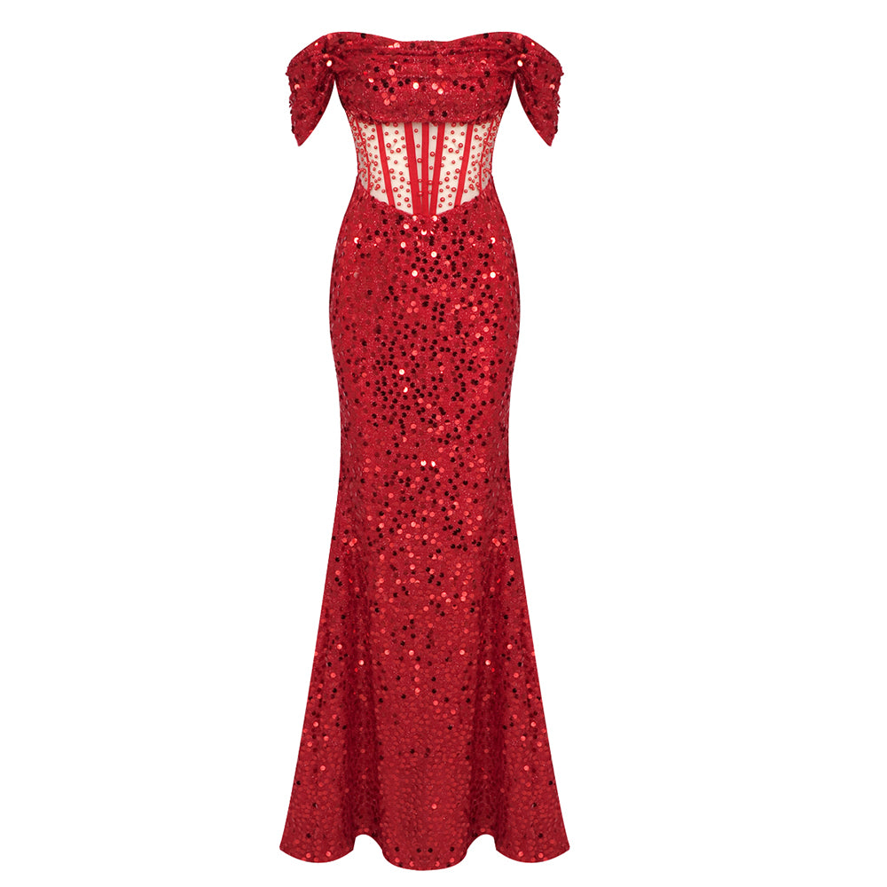 Bardot Draped Corset Sequin Maxi Dress Red HV1657