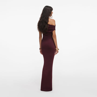 One Shoulder Bardot Draped Maxi Dress Burgundy HV2828