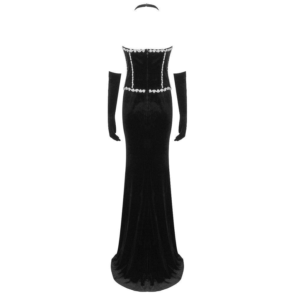 Halter Crystal Corset Maxi Velvet Dress Black HV1130