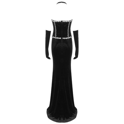 Halter Crystal Corset Maxi Velvet Dress Black HV1130