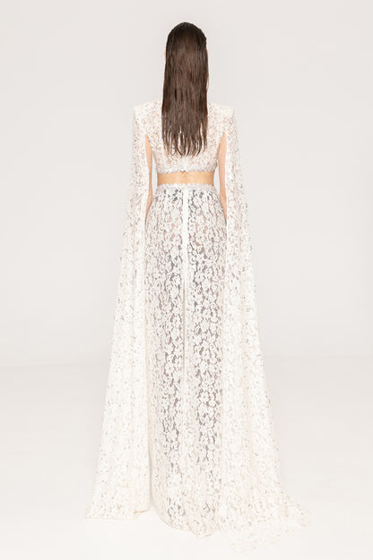 Cape Sleeve Crystal Lace Maxi Dress White HV0038