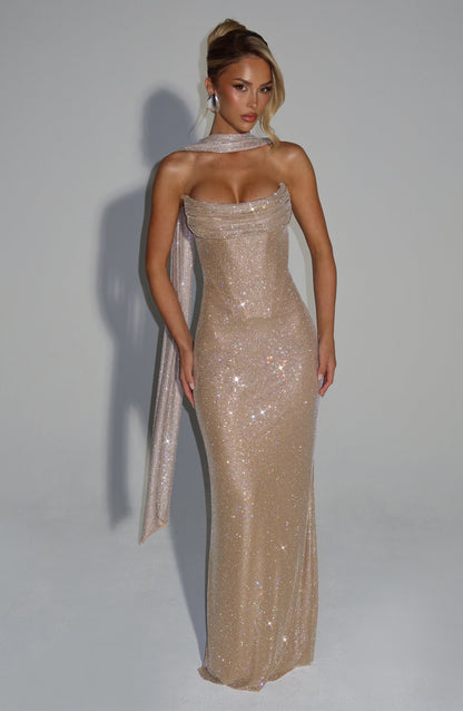 Strapless Embellished Corset Maxi Dress Nude HV2921