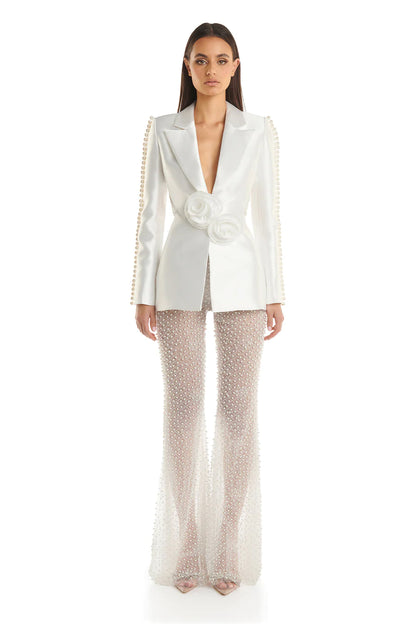 Long Sleeve Pearl Silk Suit White HV9953