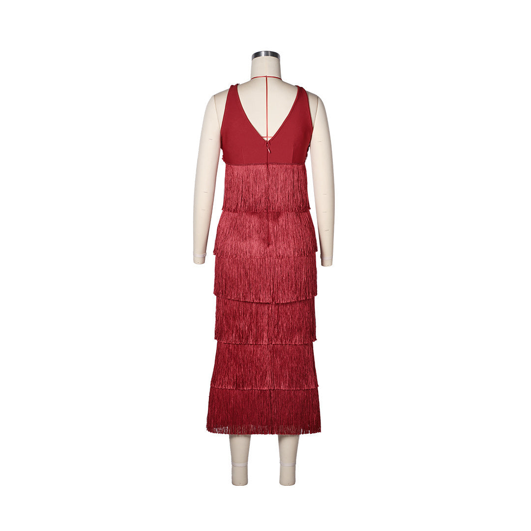 Lace Bustier Tassel Midi Dress Red HV2795