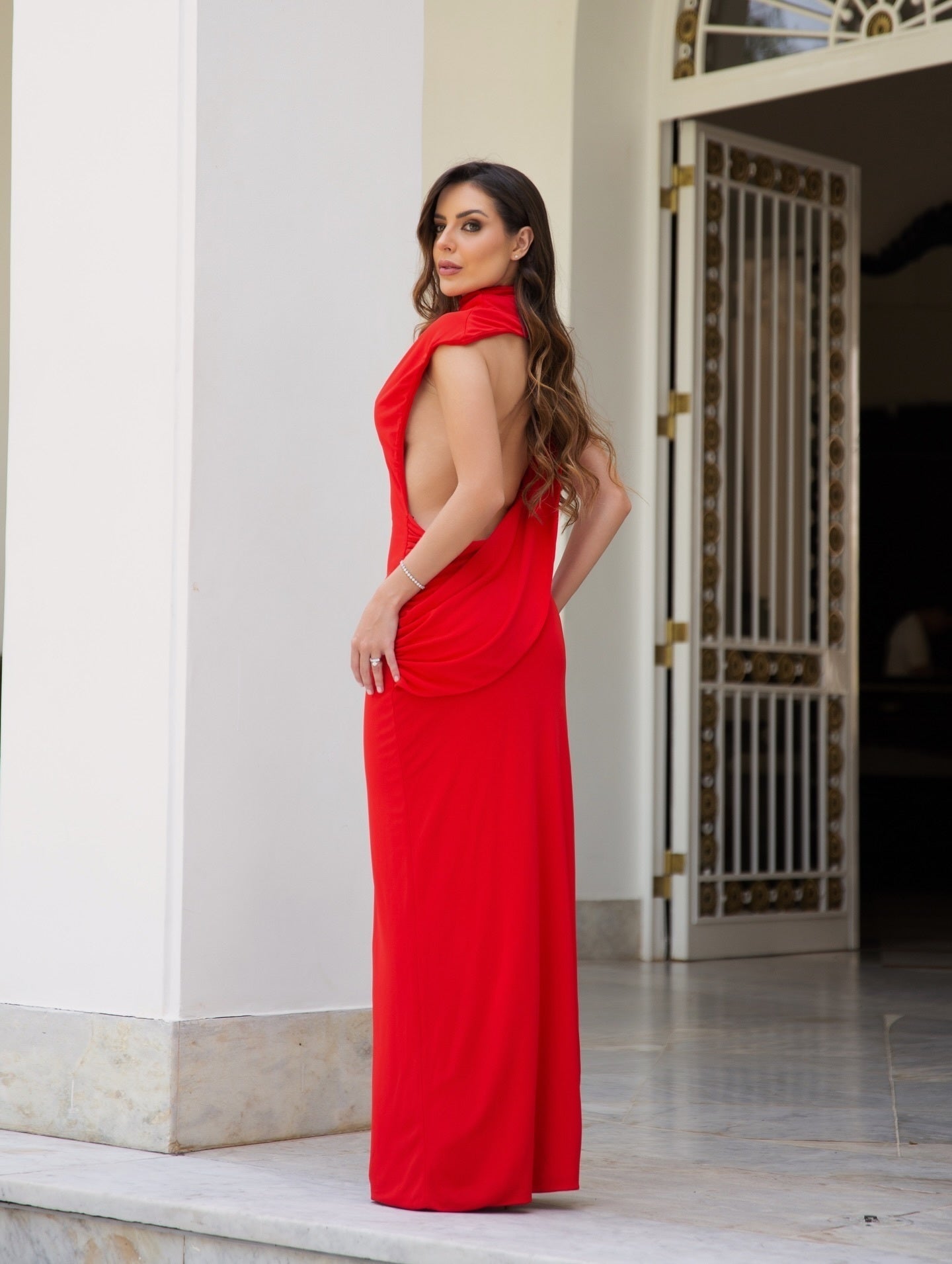 Draped Backless Maxi Dress Red HV0063