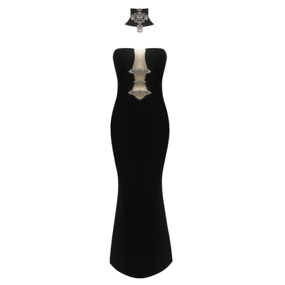 Strapless Crystal Choker Maxi Dress Black