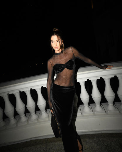 Long Sleeve Bustier Mesh Maxi Dress Black HV1537