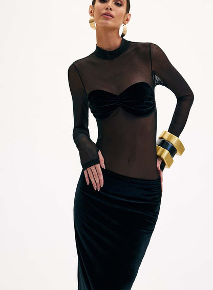 Long Sleeve Bustier Mesh Maxi Dress Black HV1537