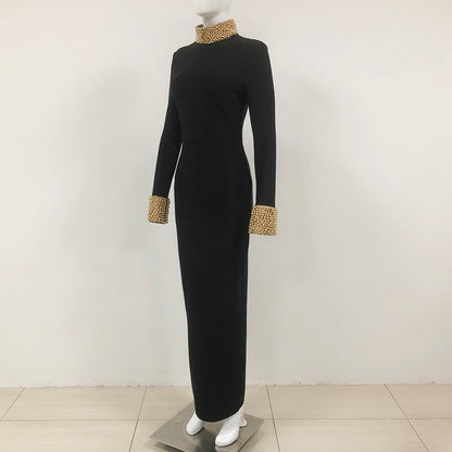 Long Sleeve Embellished Backless Maxi Dress Black HV1739