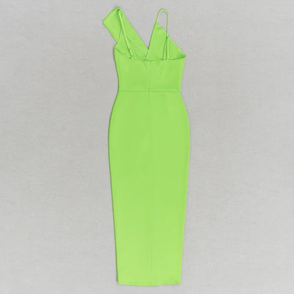 One Shoulder Draped Asymmetric Midi Dress Green HV9672