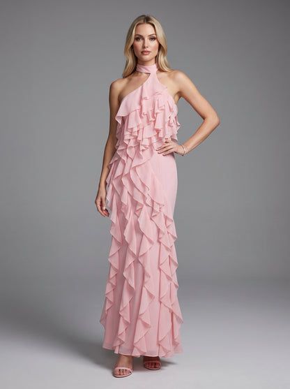 Halter Ruffle Detail Maxi Dress Pink HV3178