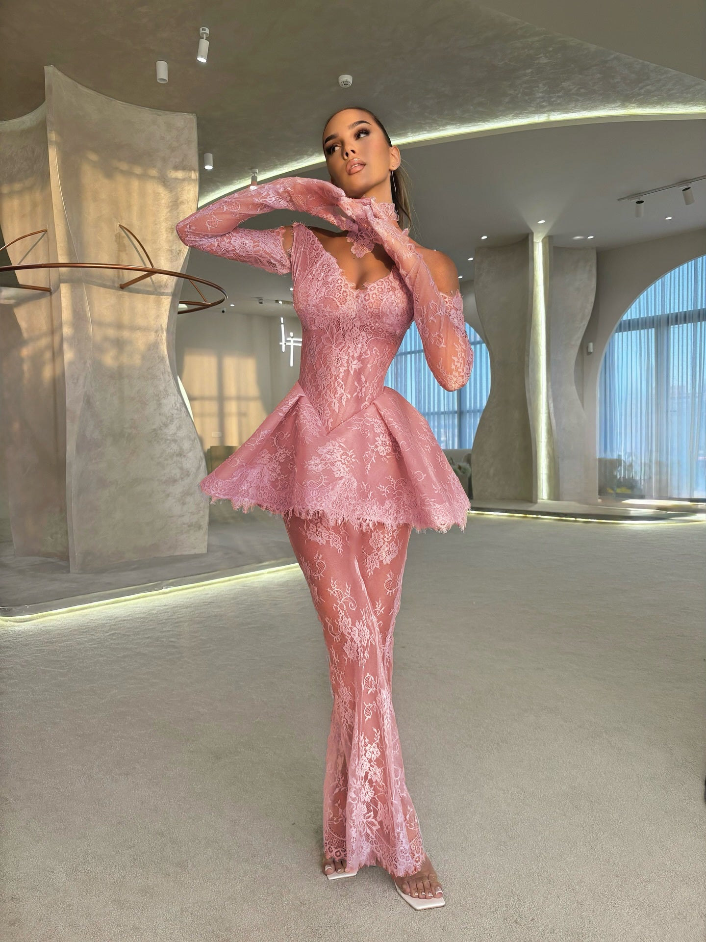 One Shoulder Lace Peplum Maxi Dress Pink HV2773