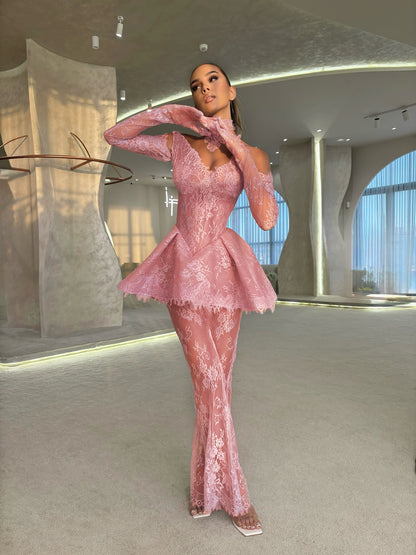 One Shoulder Lace Peplum Maxi Dress Pink HV2773