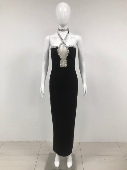 Halter Crystal Maxi Dress Black HV1560