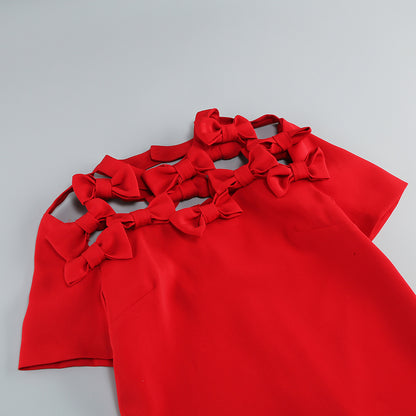 Short Sleeve Bow Detail A Line Dress Red  HV1361