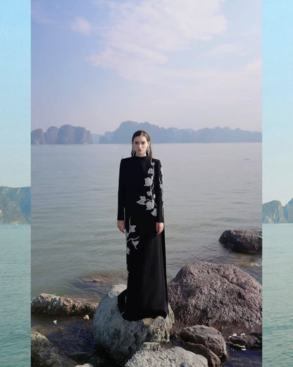 Long Sleeve Floral Crystal Maxi Dress Black HV2646