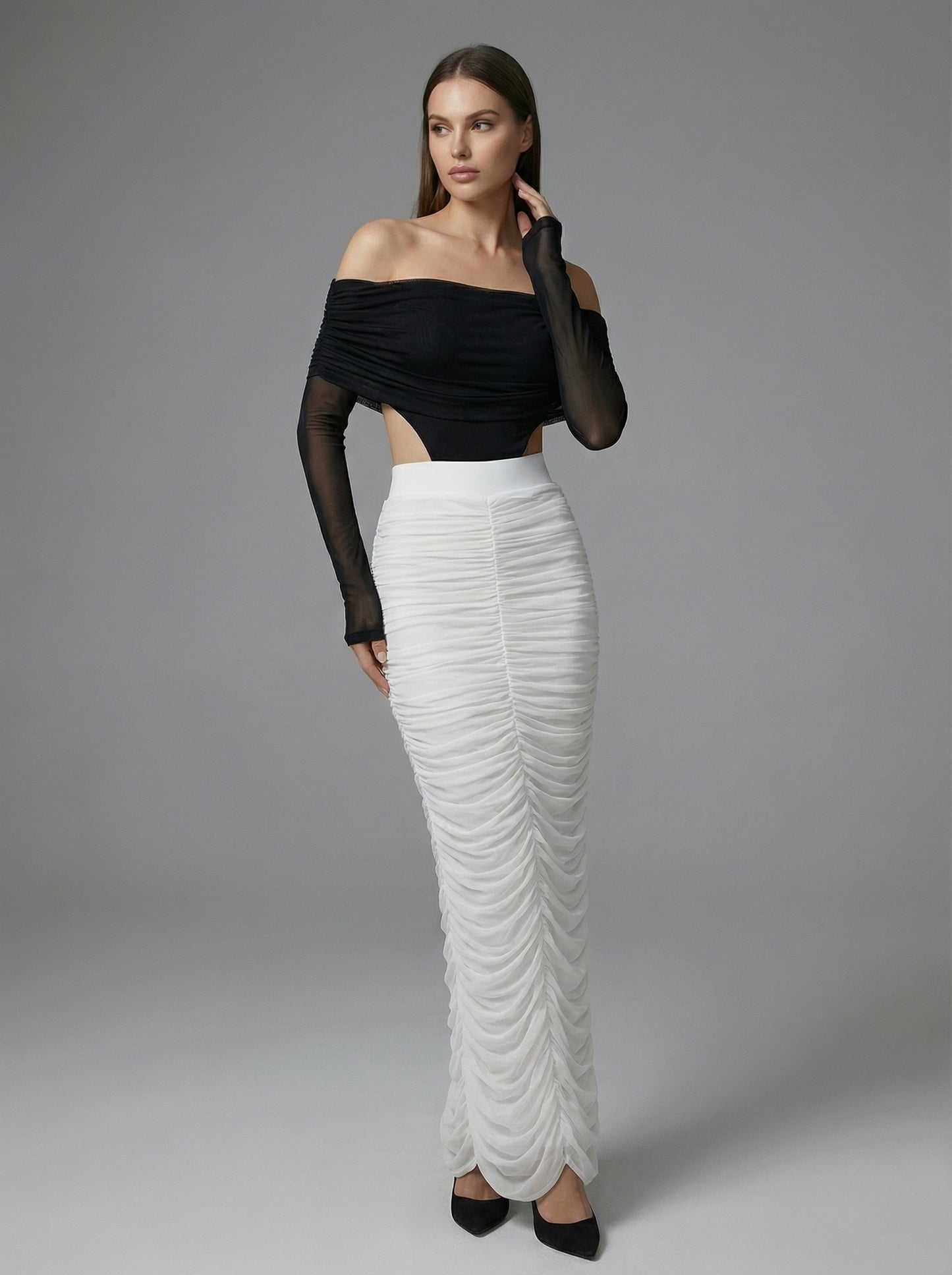 Long Sleeve Draped Bardot Maxi Dress Black White HV2779