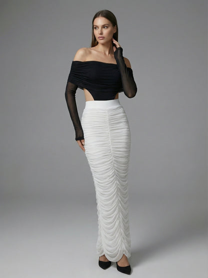 Long Sleeve Draped Bardot Maxi Dress Black White HV2779