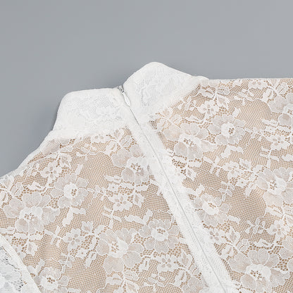 Long Sleeve Structured Lace Dress White