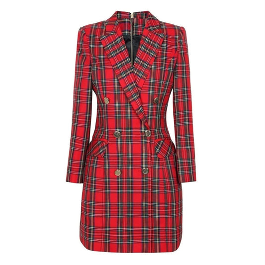 Long Sleeve Checked Blazer Dress Red