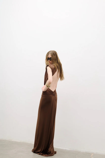 Backless Draped Maxi Dress Brown HV2673