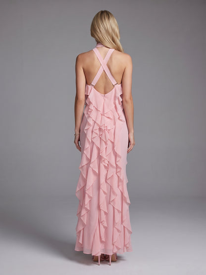Halter Ruffle Detail Maxi Dress Pink HV3178