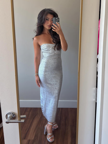 Strapless Woodgrain Foil Print Midi Dress Silver HV3069