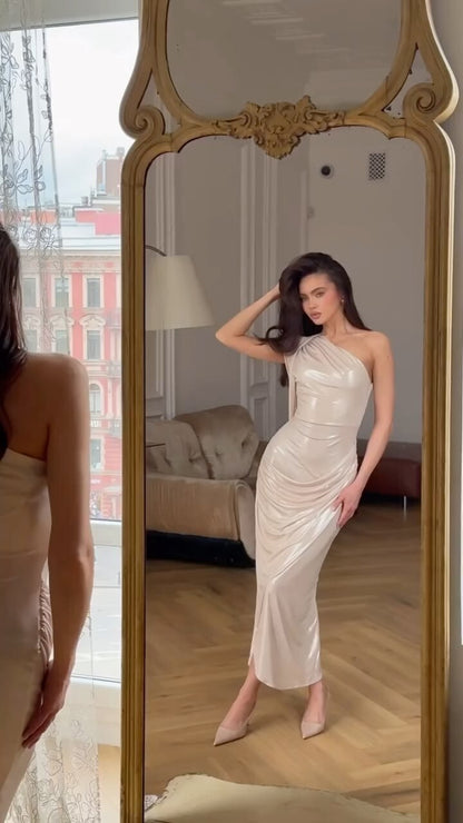 One Shoulder Draped Midi Dress Titanium HV2735