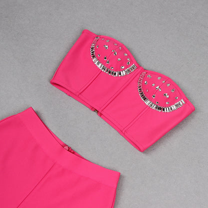 Strapless Crystal Bustier Two Piece Jumpsuit Hot Pink HV9772