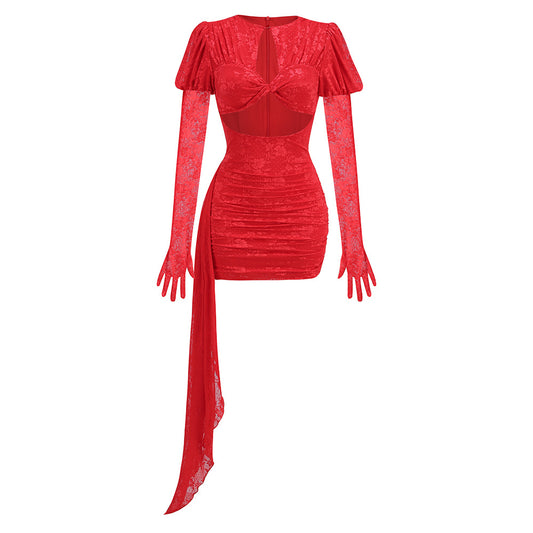 Long Sleeve Draped Lace Dress Red