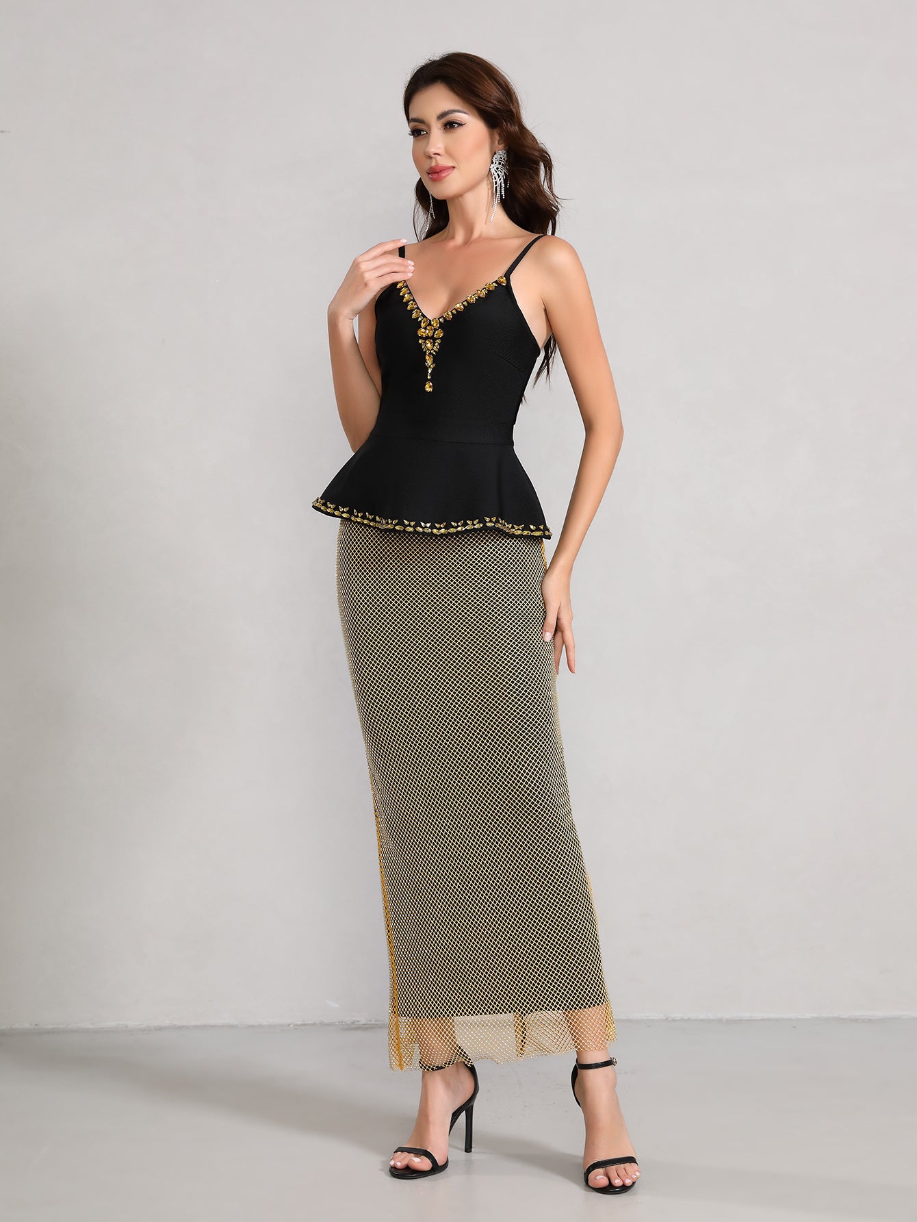 Crystal Peplum Maxi Dress Black Silver HV2669