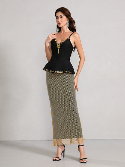 Crystal Peplum Maxi Dress Black Silver HV2669