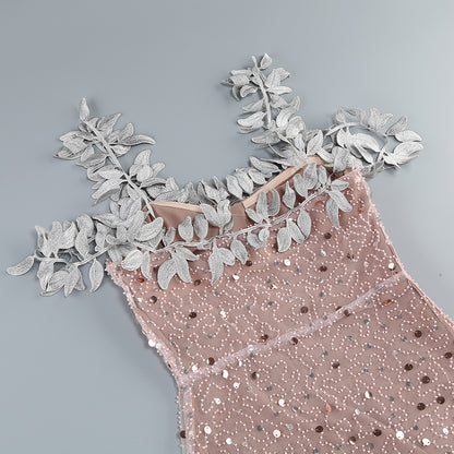 Leaf Detail Sequin Maxi Dress Rose Gold HV1450