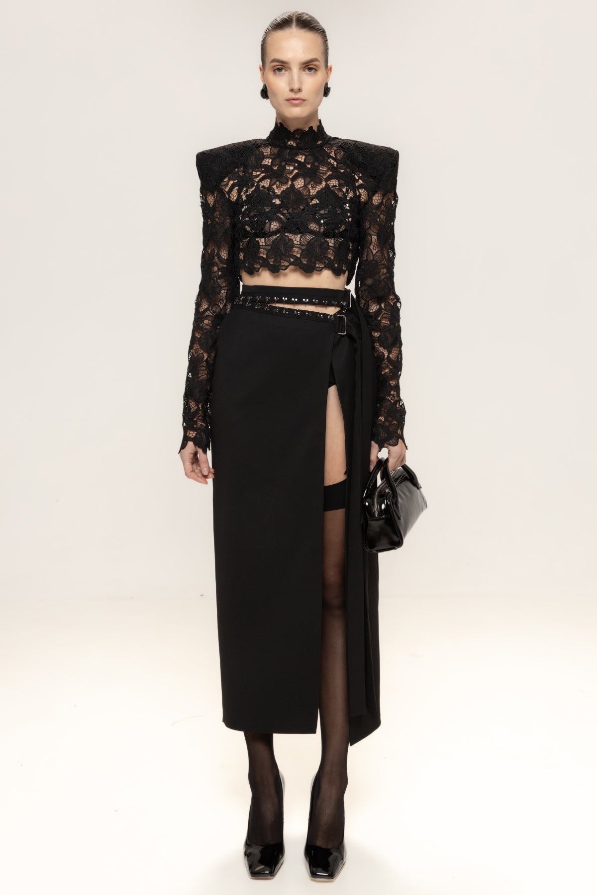 Long Sleeve Lace Midi Two Piece Dress Black HV0052