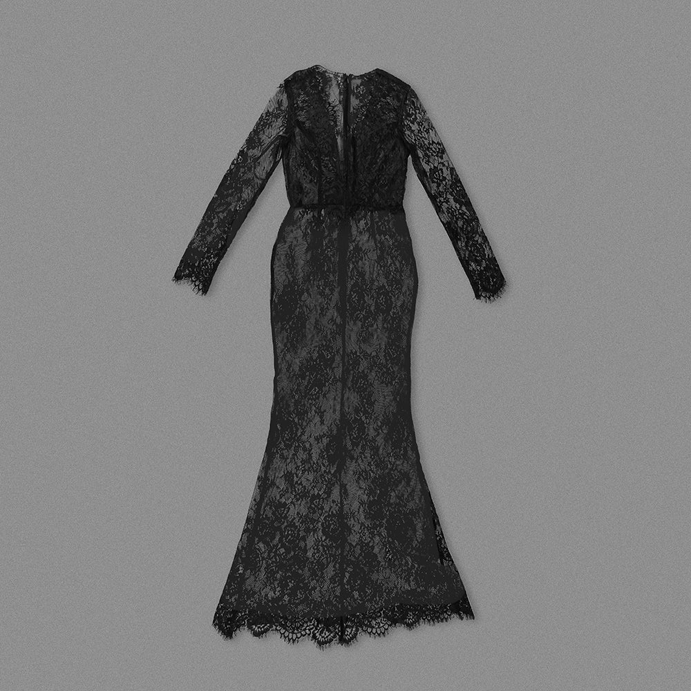 Long Sleeve Scalloped Lace Maxi Dress Black HV1199