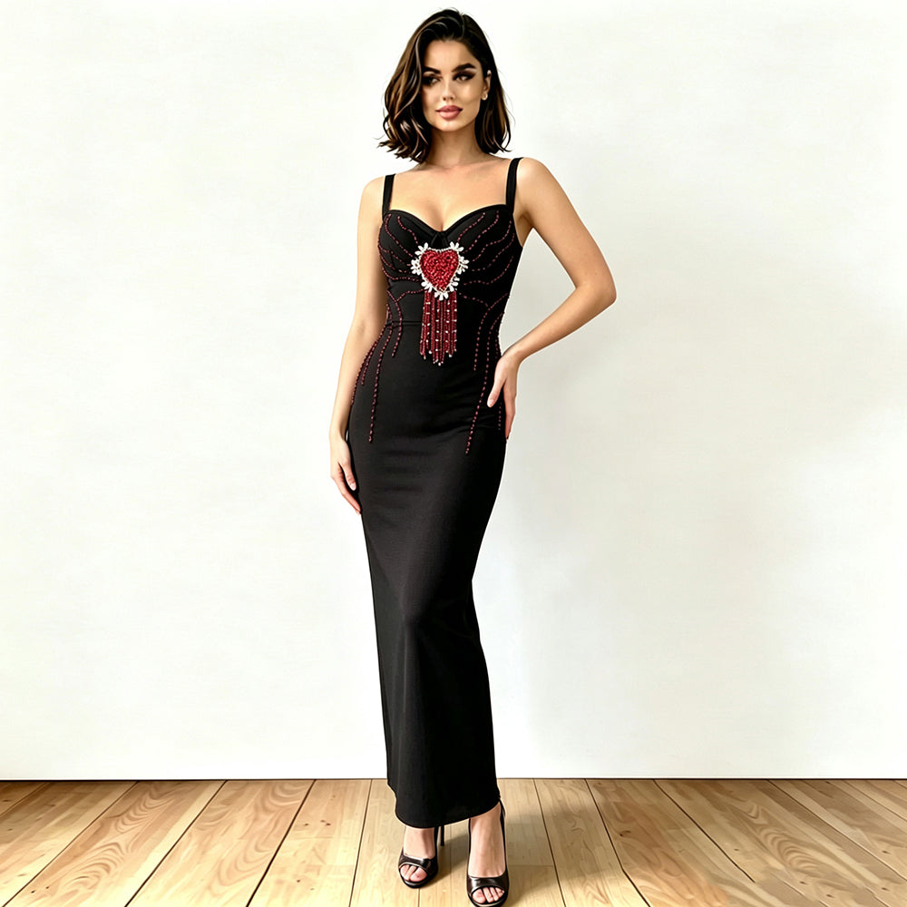 Crystal Heart Embellished Maxi Dress Black HV3094