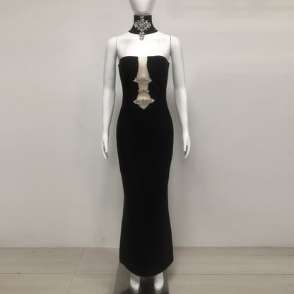 Strapless Crystal Choker Maxi Dress Black