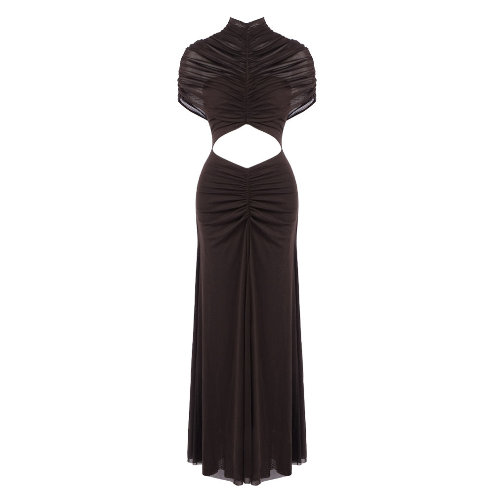 Draped Mesh Cut Out A Line Maxi Dress Brown HV2671